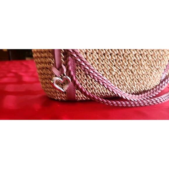 Brighton Woven Straw Raffia Macrame Medium Tan w Pink Shoulder Handbag As Is - Picture 6 of 15